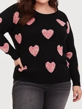 Torrid Long Sleeve Black Raglan Knit Pink Hearts Valentine Crew Neck Sweater L